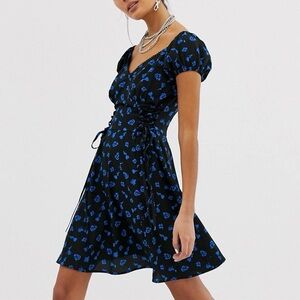 🦋 Blue Black Floral Collusion Milkmaid Dress